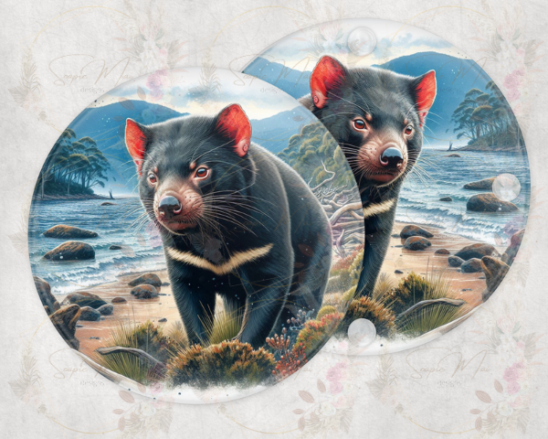 Round glass coaster with a detailed Tasmanian Devil sublimation print, protecting surfaces in style.