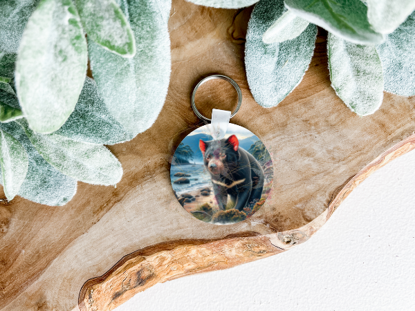Lightweight double-sided MDF keyring featuring a Tasmanian Devil on both sides, a charming personal accessory.