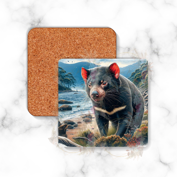 Square backed coaster with a Tasmanian Devil design, perfect for home or office use.