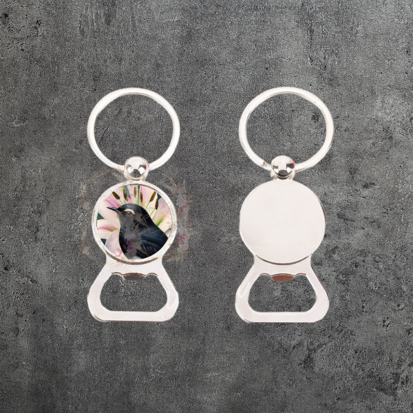 Durable bottle opener keyring with a Willie Wagtail and pink lily graphic, a practical and charming accessory for your keys.