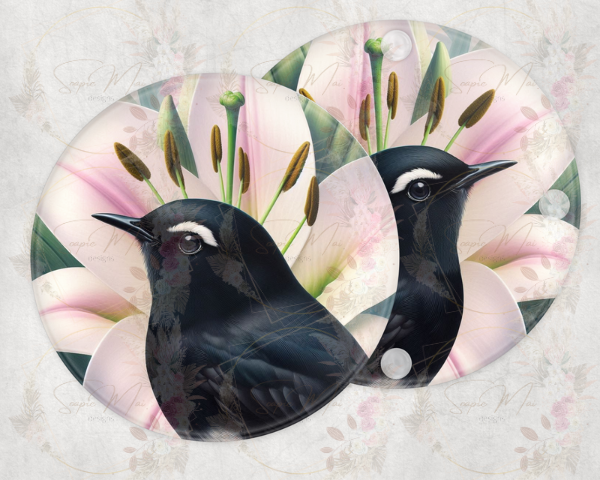 Round glass coaster with a detailed Willie Wagtail and pink lily sublimation print, protecting surfaces in style