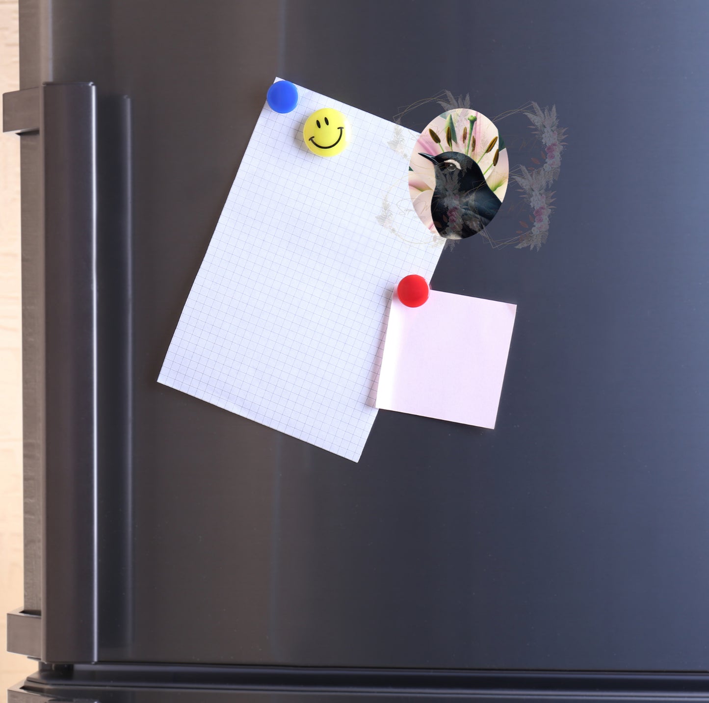 Strong refrigerator magnet featuring a vibrant Willie Wagtail with a pink lily illustration, ideal for decorating your kitchen or office.