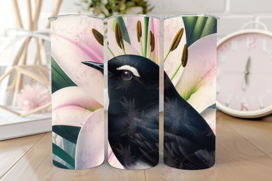 Stainless steel sublimation tumbler with an Australian Willie Wagtail perched beside a stunning pink lily graphic, ideal for keeping drinks hot or cold.
