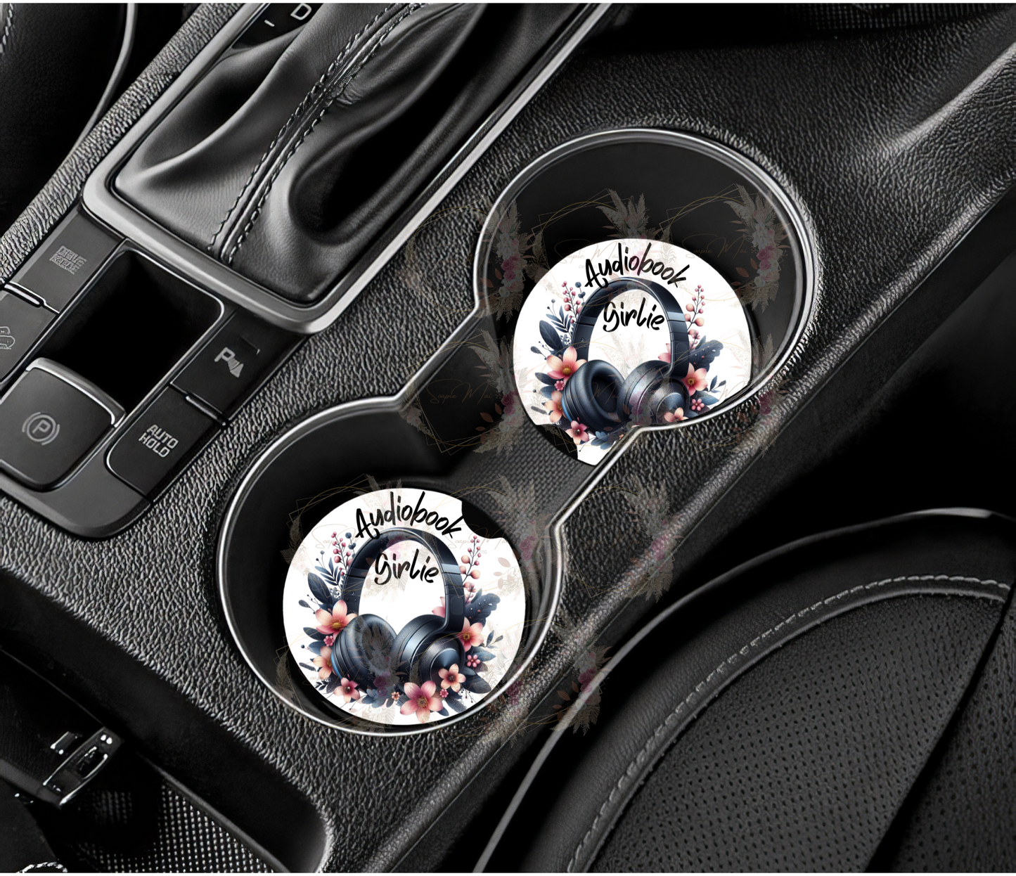 Sublimation car coaster set with "Audiobook Girlie" design to protect your car cup holders.