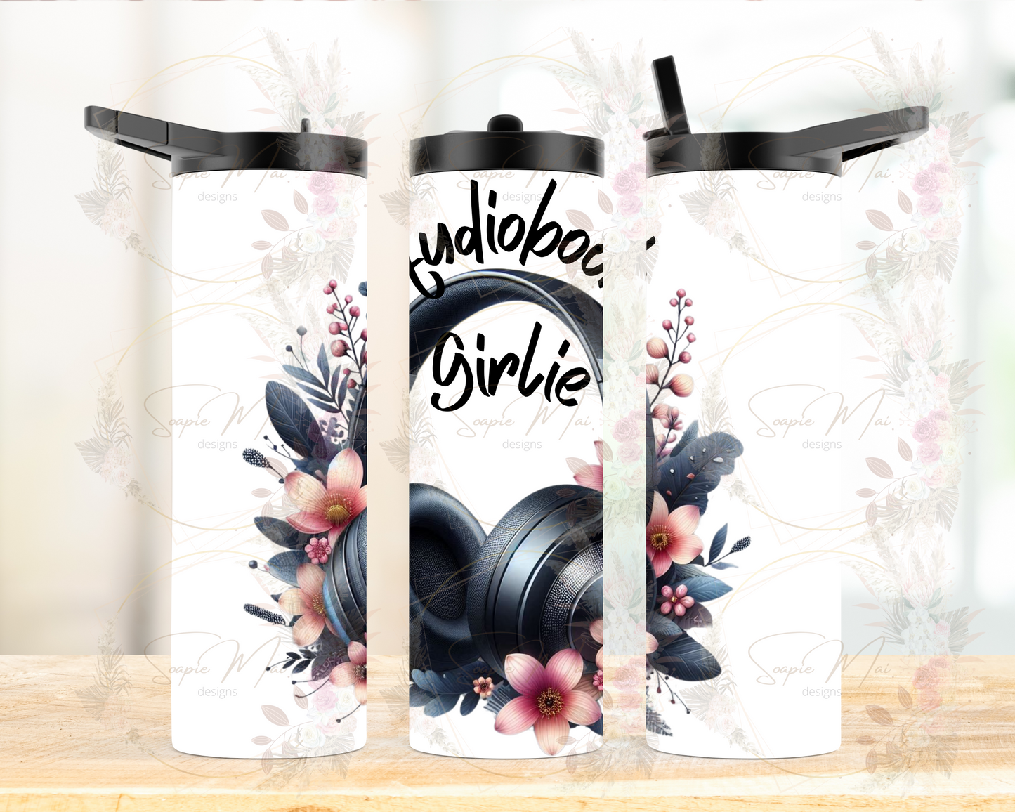 Insulated water bottle for audiobook readers, featuring "Audiobook Girlie" design. Great for hydration while listening to audiobooks.