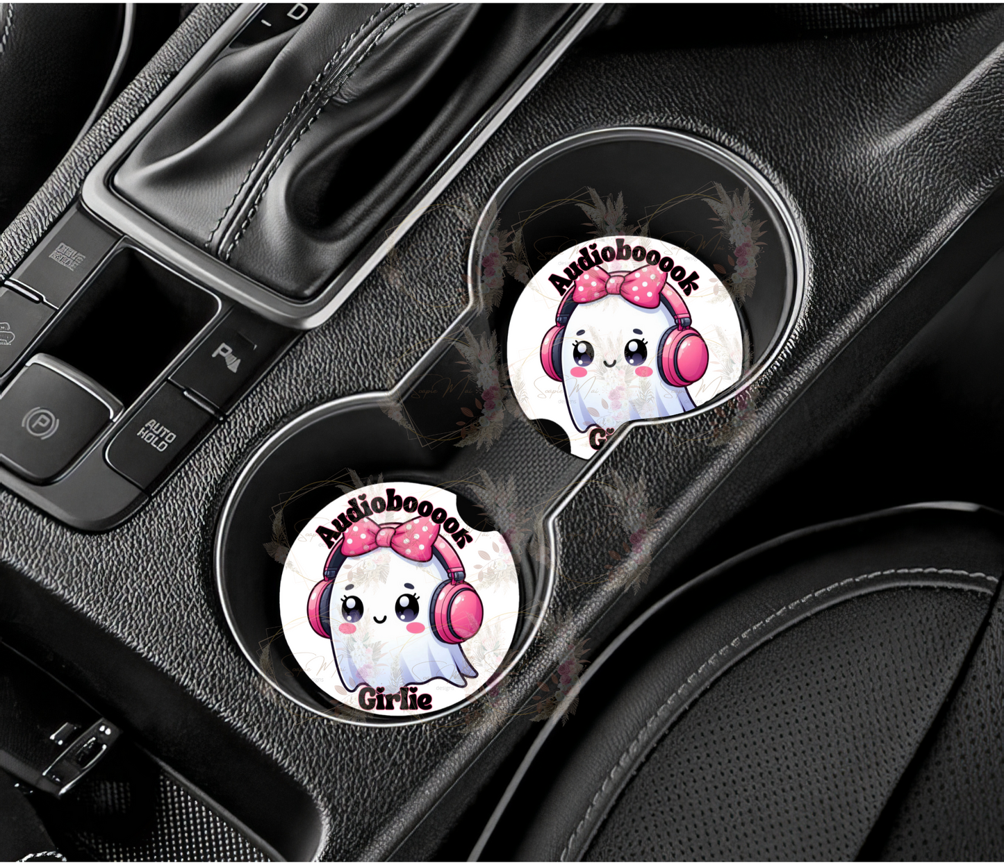 Sublimation car coaster set with "Audiobooook Girlie" design to protect your car cup holders.