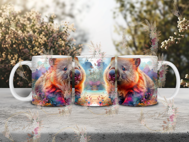 Close-up of a vibrant Australian Wombat sublimation design on a coffee mug, showcasing the unique artwork and the wombat's charming features.