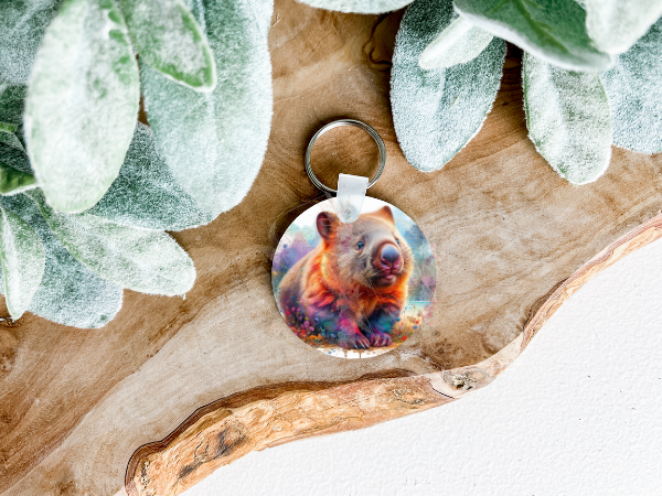 Close-up of a vibrant Australian Wombat sublimation design on a double sided mdf keyring, showcasing the unique artwork and the wombat's charming features.