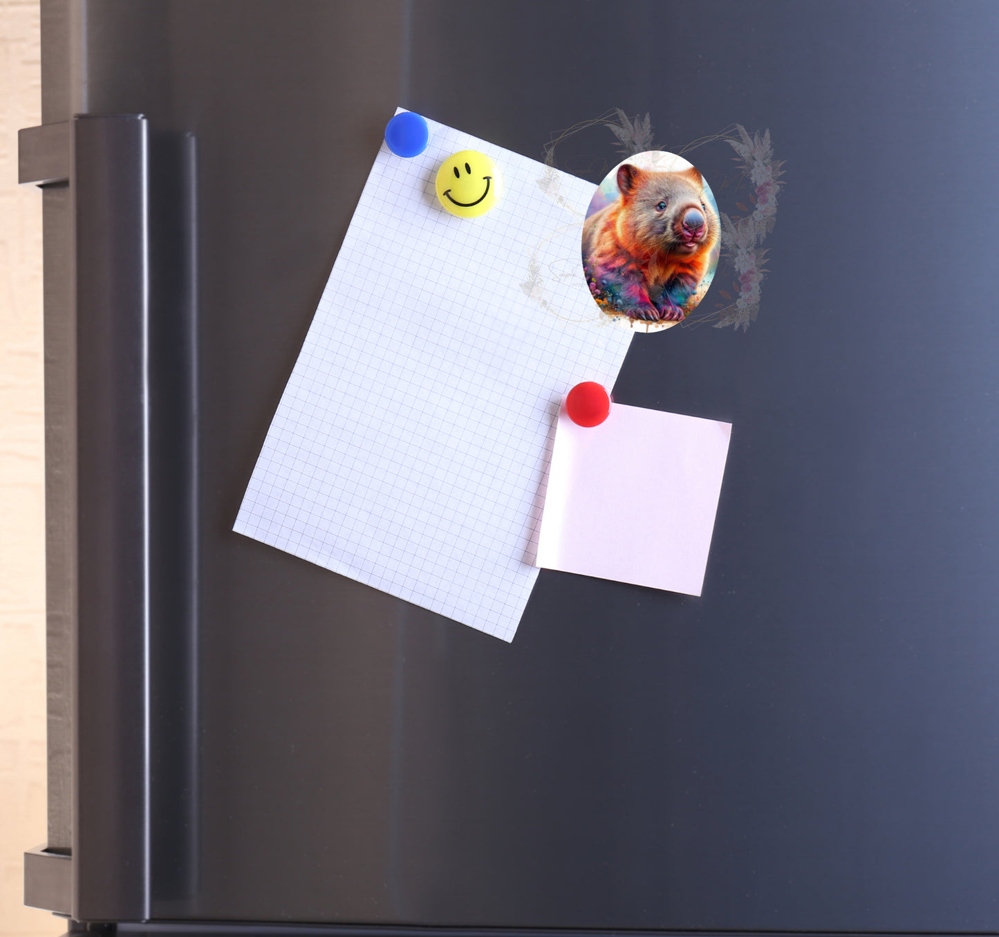 Close-up of a vibrant Australian Wombat sublimation design on a magnet, showcasing the unique artwork and the wombat's charming features.