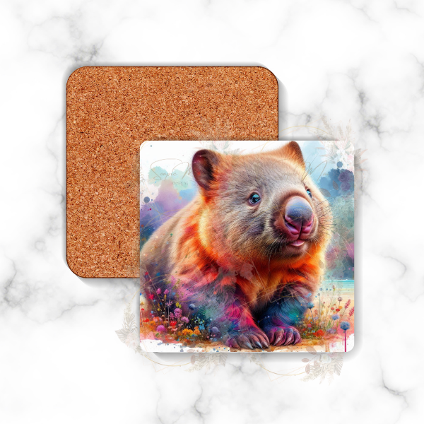 Close-up of a vibrant Australian Wombat sublimation design on a cork backed square coaster, showcasing the unique artwork and the wombat's charming features.