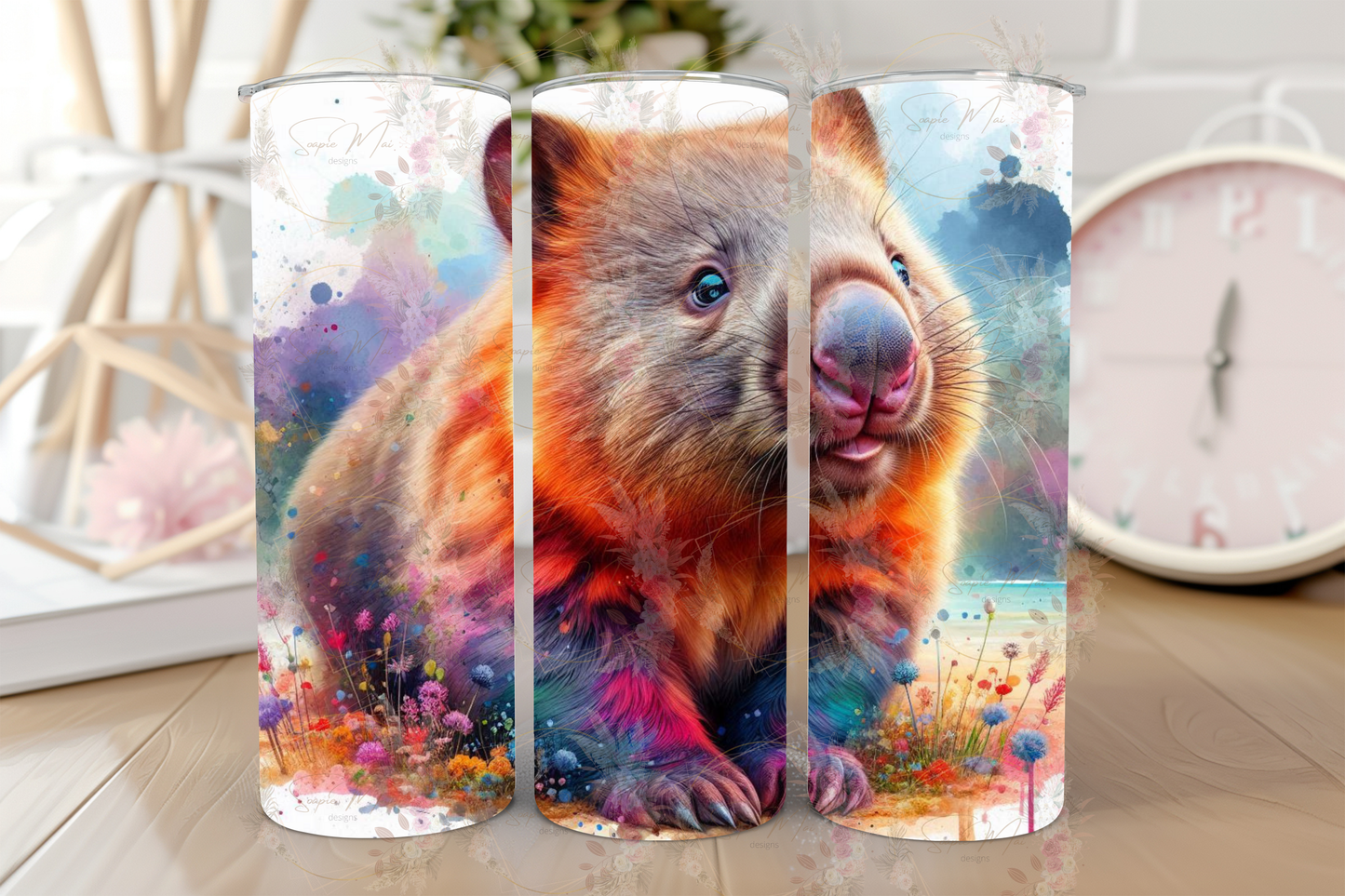 Close-up of a vibrant Australian Wombat sublimation design on a insulated tumbler, showcasing the unique artwork and the wombat's charming features.