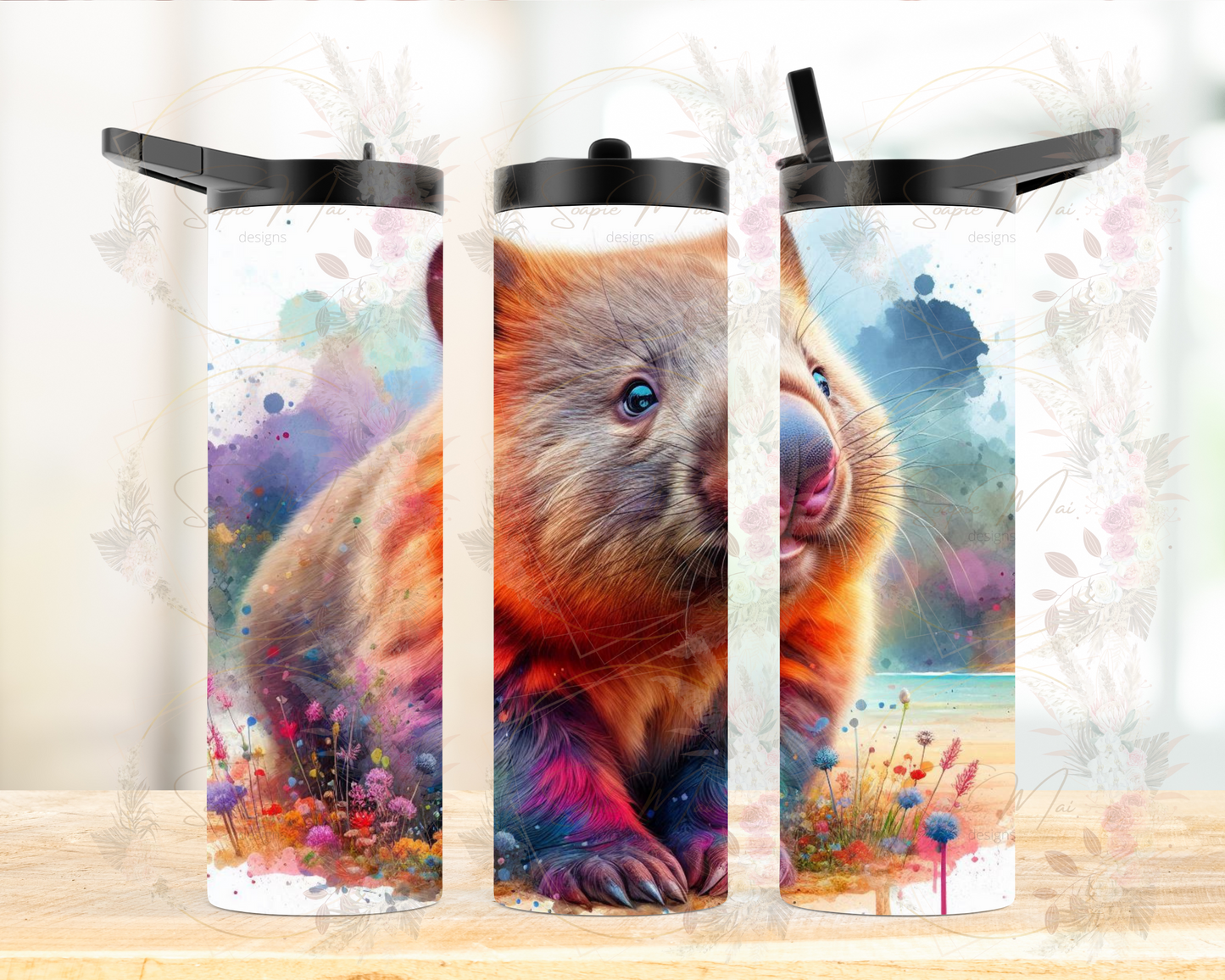 Close-up of a vibrant Australian Wombat sublimation design on a insulated water bottle, showcasing the unique artwork and the wombat's charming features.