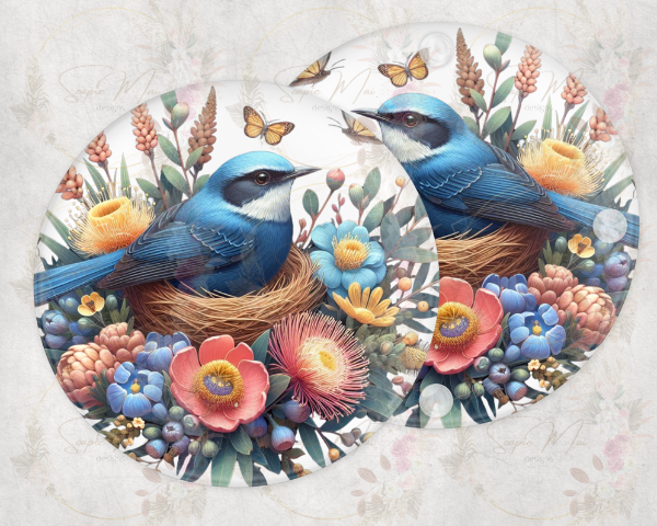 Round glass coaster with a detailed Blue Wren and Australian natives sublimation print, protecting surfaces in style.