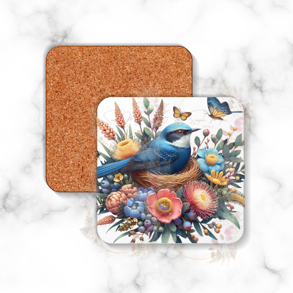 Square backed coaster with a Blue Wren and Australian natives design, perfect for home or office use.