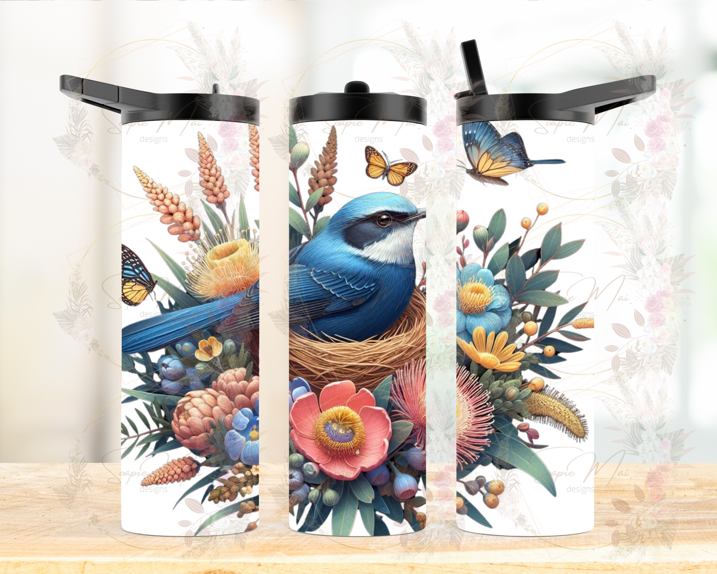 Insulated sublimation water bottle featuring a vibrant Blue Wren amidst Australian native flowers, perfect for staying hydrated on the go.