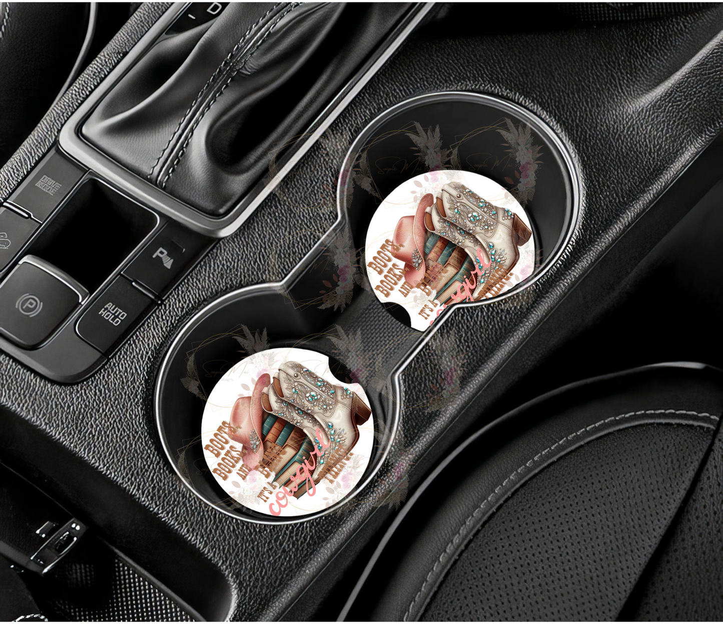 Pair of absorbent car coasters with a 'Boots, Books, and Bling' country-inspired design, featuring sparkling cowgirl boots, books, and a pink cowgirl hat, protecting your vehicle's cup holders.