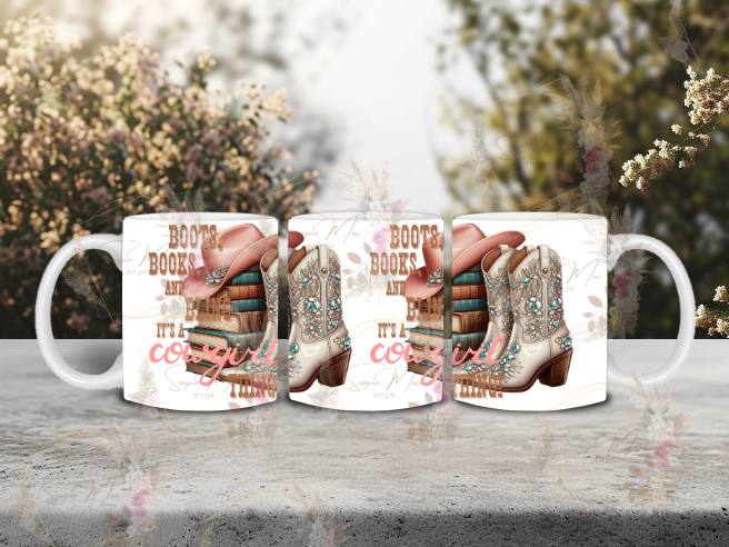 White ceramic coffee mug with a charming 'Boots, Books, and Bling' sublimation print, featuring blinged cowgirl boots, a stack of books, and a pink cowgirl hat, great for your morning brew.