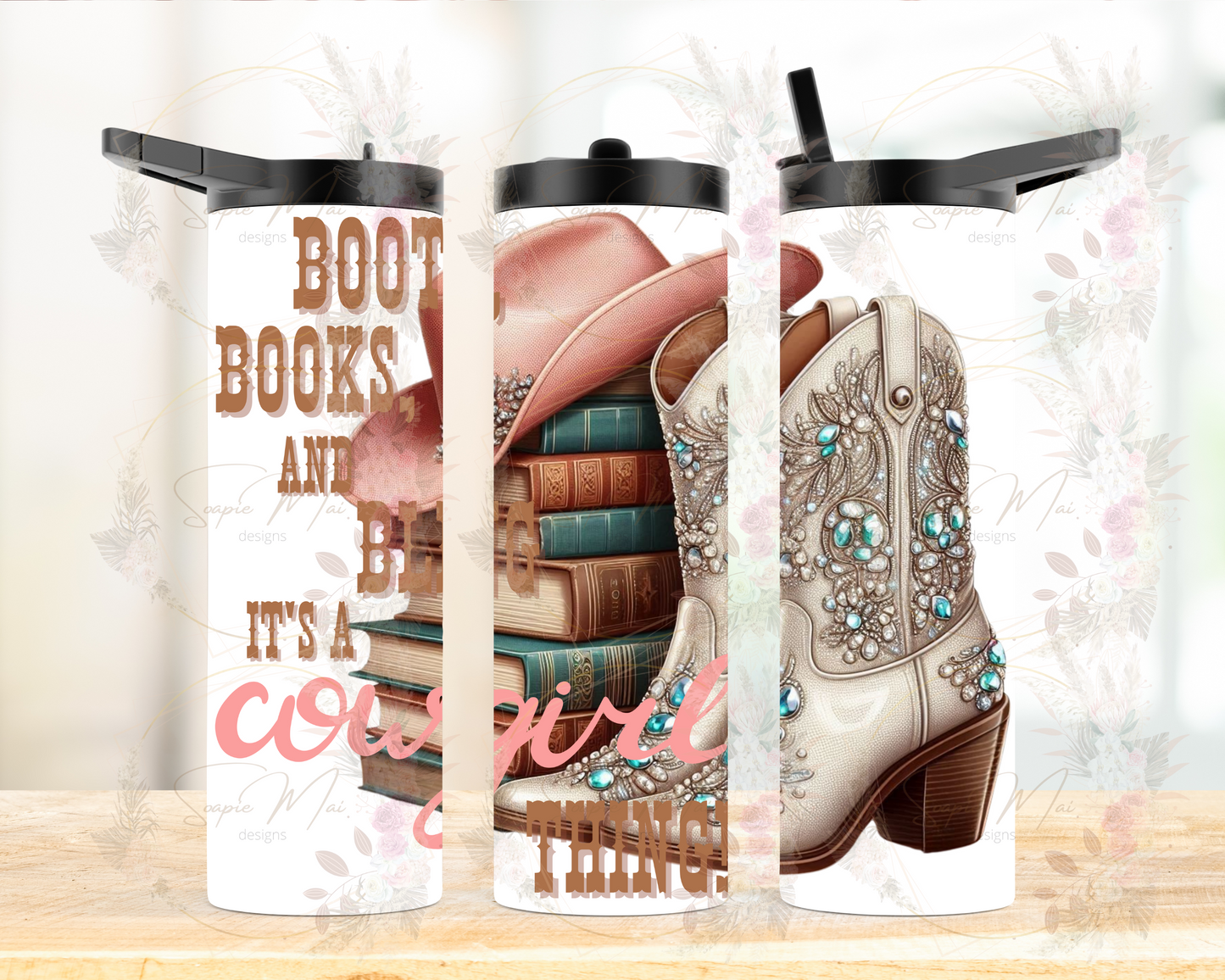 Insulated sublimation water bottle featuring a 'Boots, Books, and Bling' country-inspired design with blinged cowgirl boots, a book stack, and a pink cowgirl hat, perfect for stylish readers.