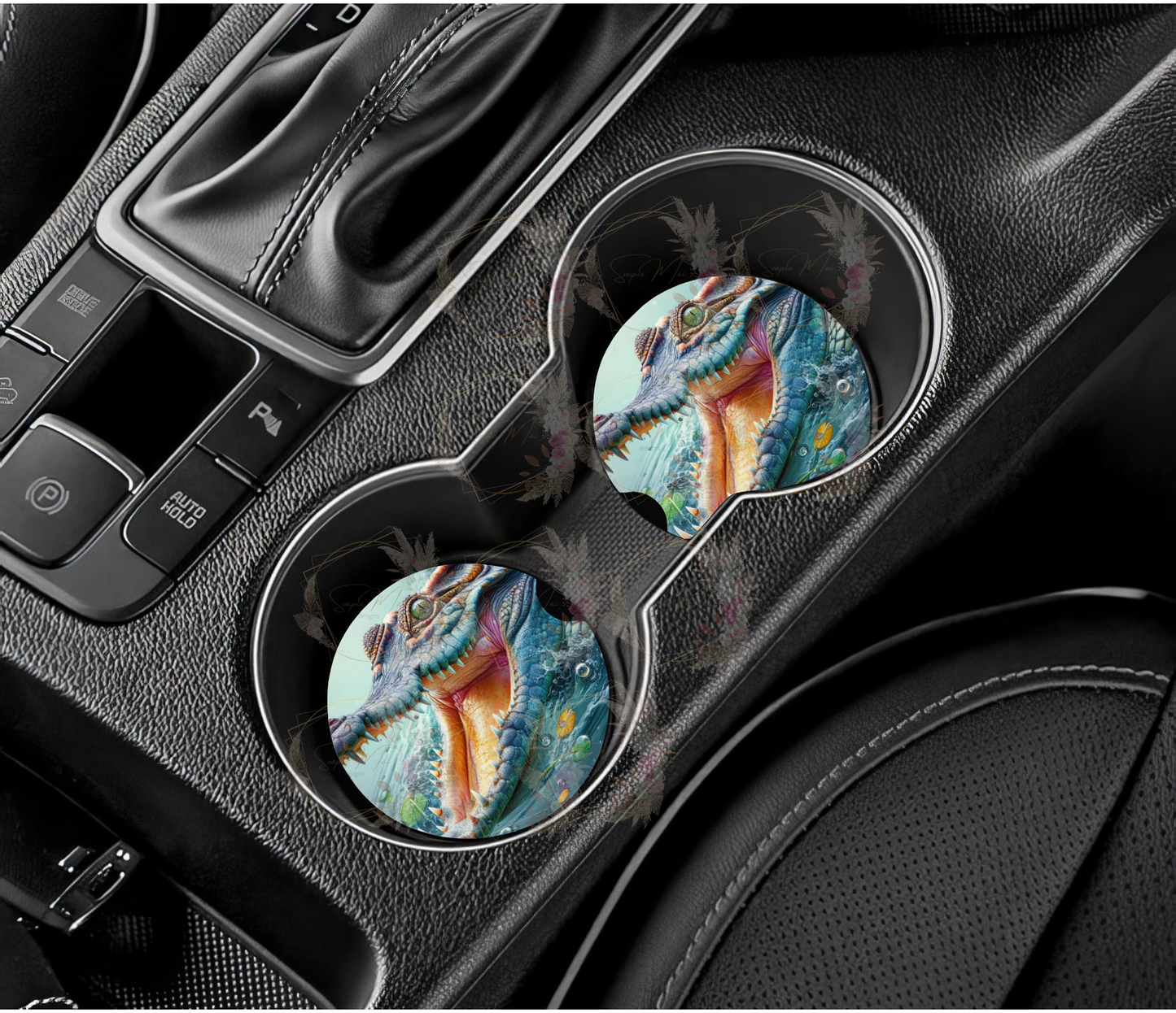 Pair of absorbent car coasters featuring a powerful Australian Crocodile design, protecting your vehicle's cup holders.