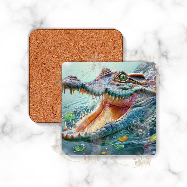 Square backed coaster with an Australian Crocodile design, perfect for home or office use.