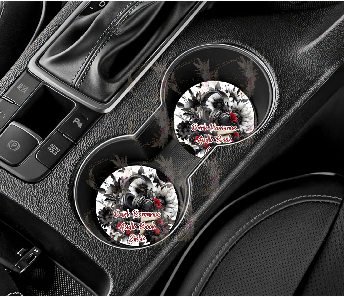 Sublimation car coaster set with "Dark Romance Audiobook Girlies" design to protect your car cup holders.