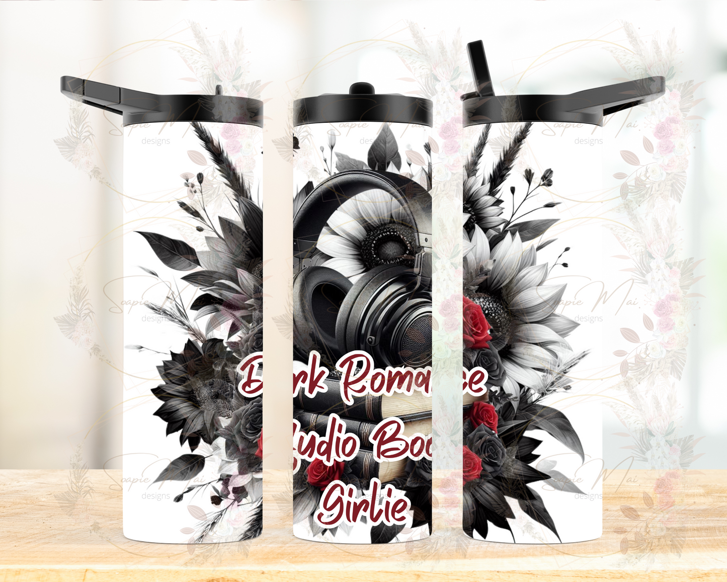 Insulated water bottle for dark romance readers, featuring "Dark Romance Audiobook Girlies" design. Great for hydration while listening to audiobooks.