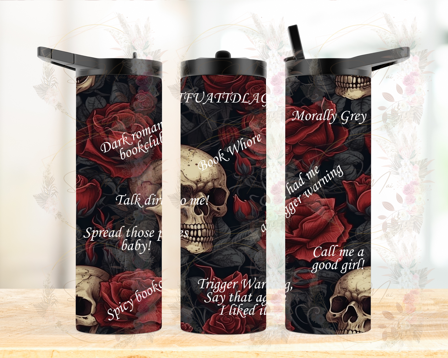 Insulated water bottle for dark romance readers, featuring "Dark Romance" design. Great for hydration while reading your favourite dark romance book.