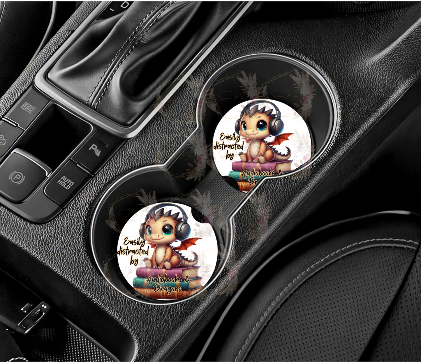 Sublimation car coaster with "Easily Distracted by Audiobooks and Dragons"  designed for car cup holders.