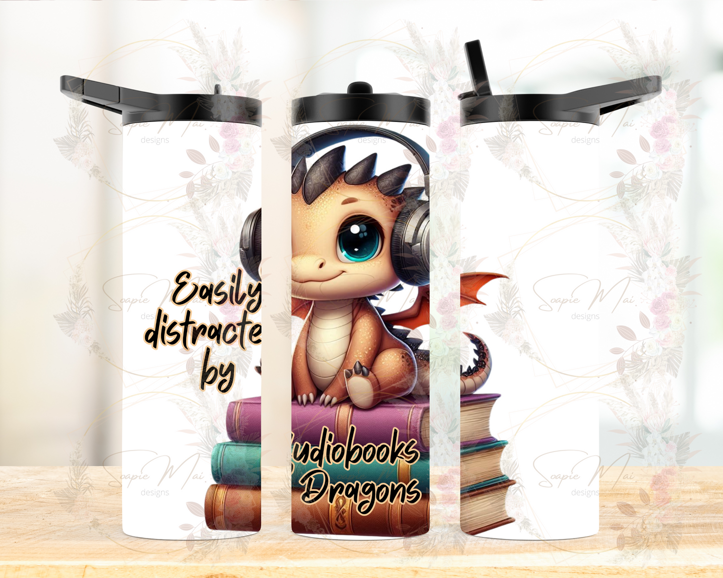 Insulated water bottle for fantasy readers, featuring "Easily Distracted by Audiobooks and Dragons" design. Great for hydration while listening to audiobooks.