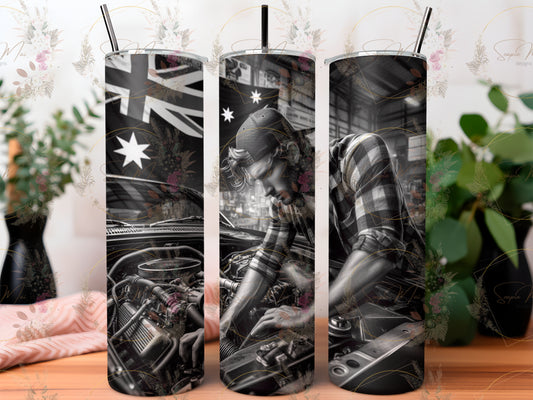 Sublimation tumbler featuring a unique Australian mechanic design, perfect for keeping drinks hot or cold.