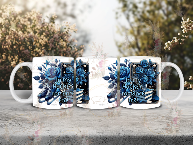 White ceramic coffee mug with an 'In My Hockey Romance' sublimation print, featuring ice skates, a stack of books, and blue roses, great for your morning brew.