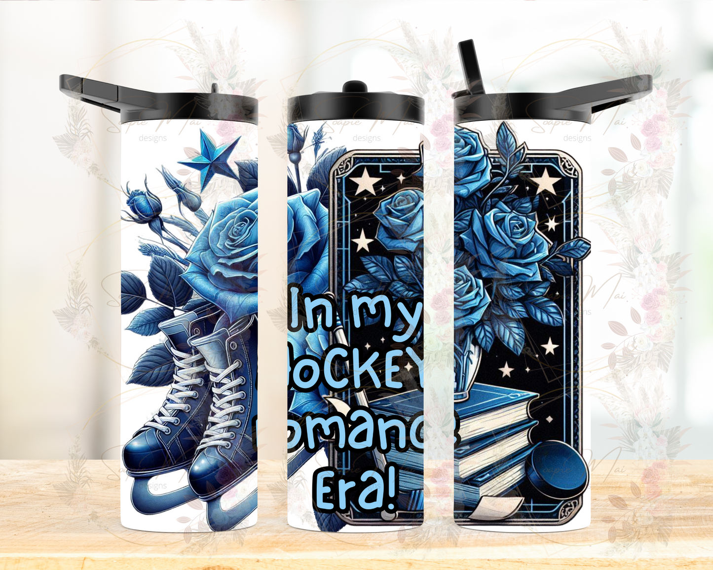 Insulated sublimation water bottle featuring an 'In My Hockey Romance' design with ice skates, a book stack, and blue roses, perfect for bookish hockey fans.