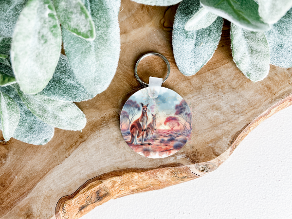Lightweight double-sided MDF keyring featuring an Australian Kangaroo bush-inspired design on both sides, a charming personal accessory.