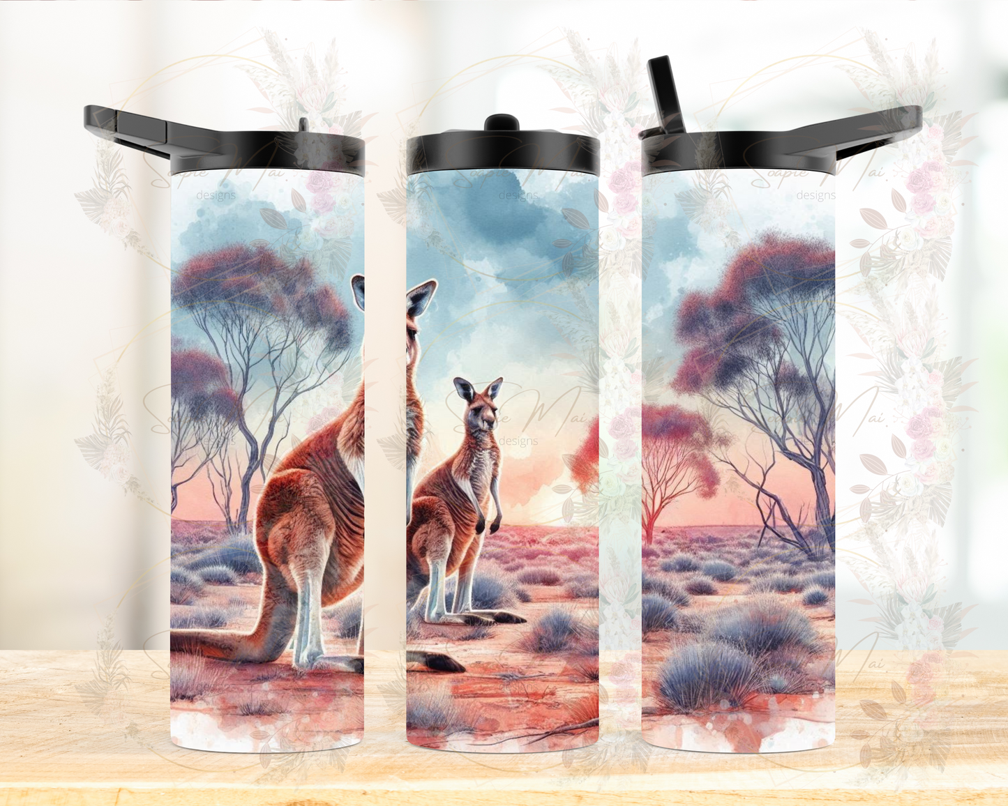 Insulated sublimation water bottle featuring an Australian Kangaroo bush-inspired design, ideal for staying hydrated on adventures.