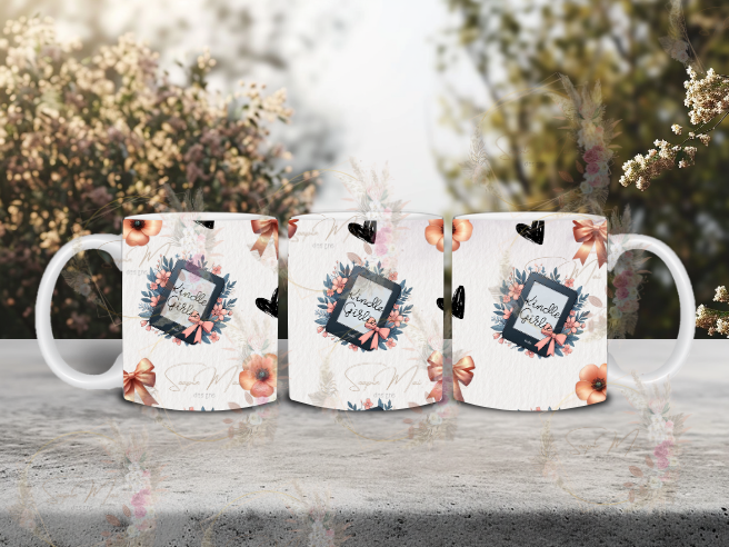 White ceramic coffee mug with a captivating 'Kindle Girlie' collage background sublimation print, great for your bookish morning brew.
