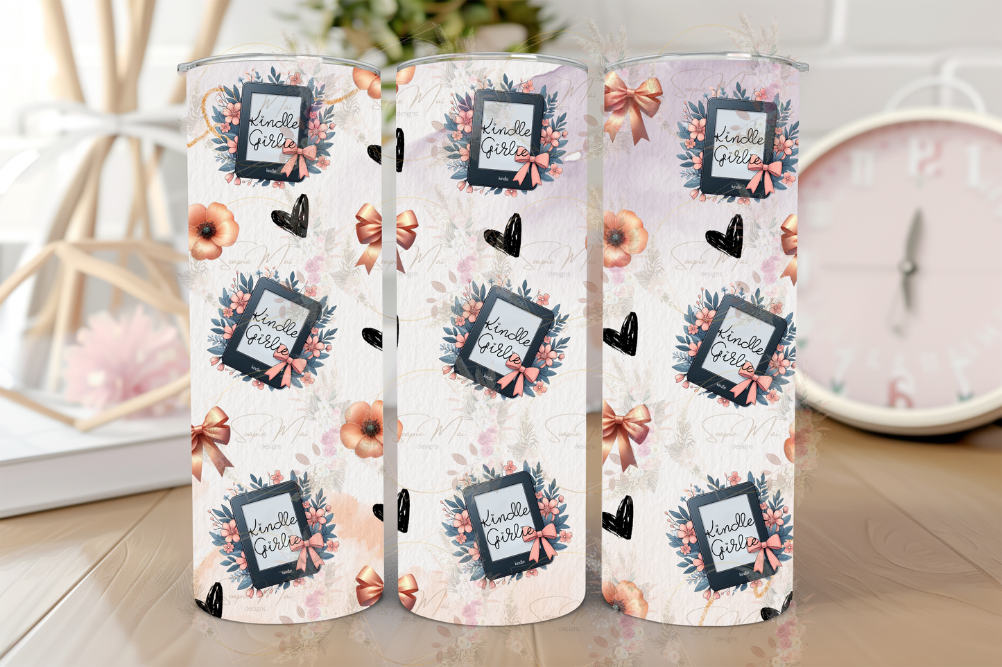 Stainless steel sublimation tumbler with a stunning 'Kindle Girlie' collage background print, ideal for keeping drinks hot or cold while enjoying a good book.