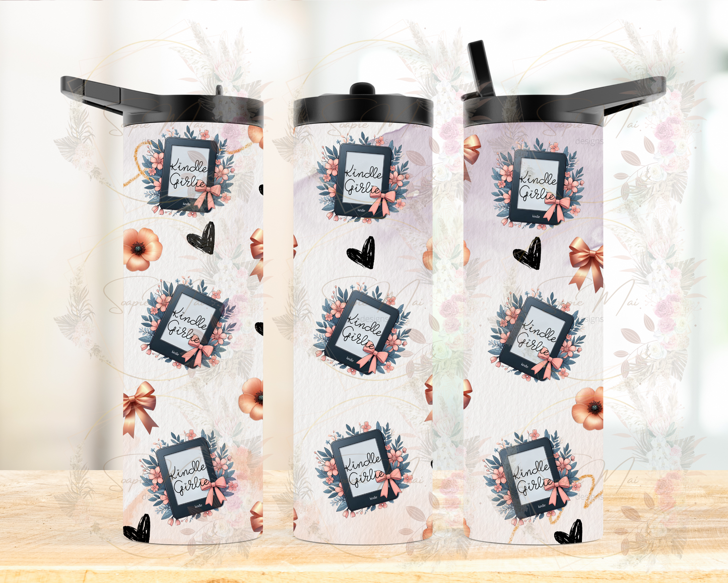 Insulated sublimation water bottle featuring a vibrant 'Kindle Girlie' collage background design, perfect for book lovers on the go