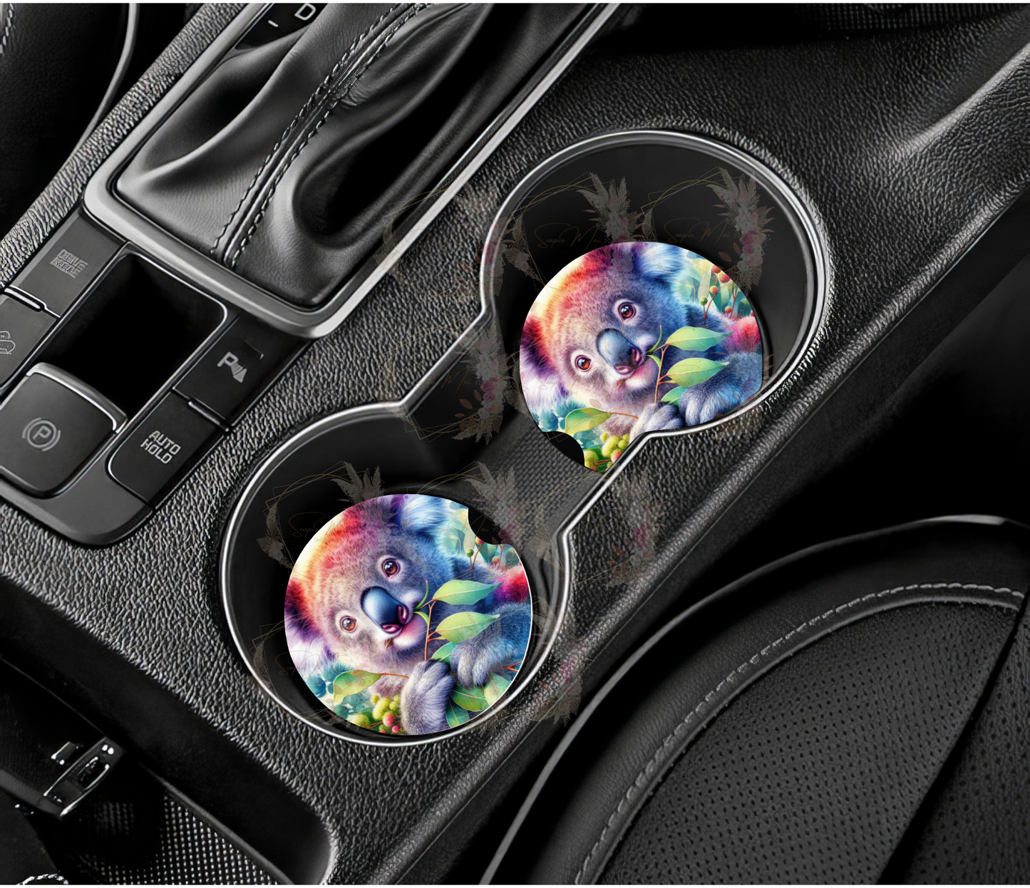 Pair of absorbent car coasters featuring a sweet Australian Koala design, protecting your vehicle's cup holders