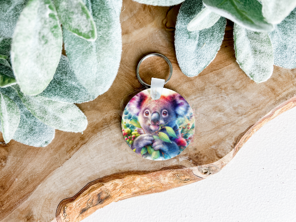 Lightweight double-sided MDF keyring featuring an adorable Australian Koala on both sides, a charming personal accessory.