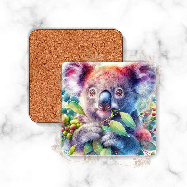 Square backed coaster with a charming Australian Koala design, perfect for home or office use.