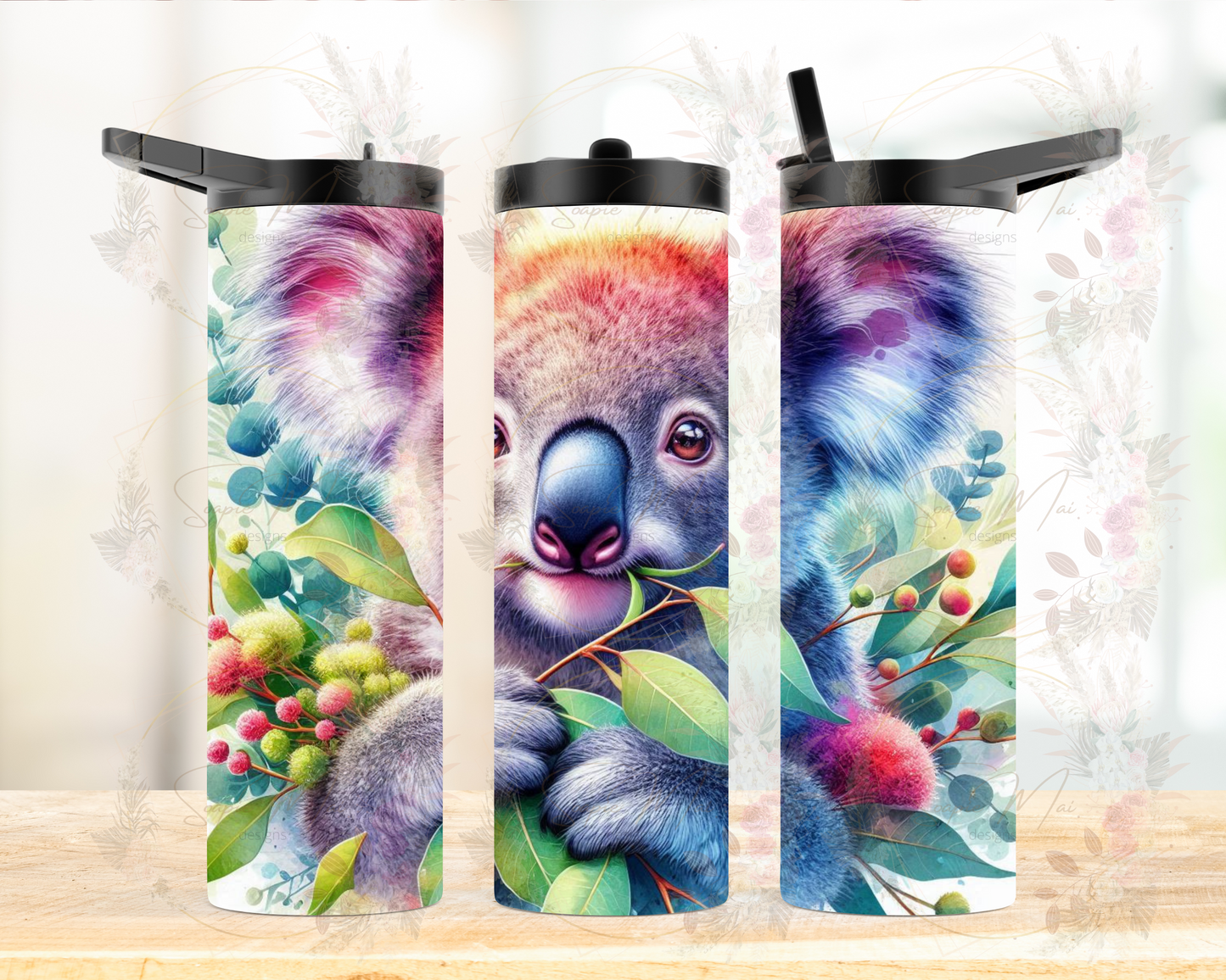 Insulated sublimation water bottle featuring a cute Australian Koala design, ideal for staying hydrated on the go.