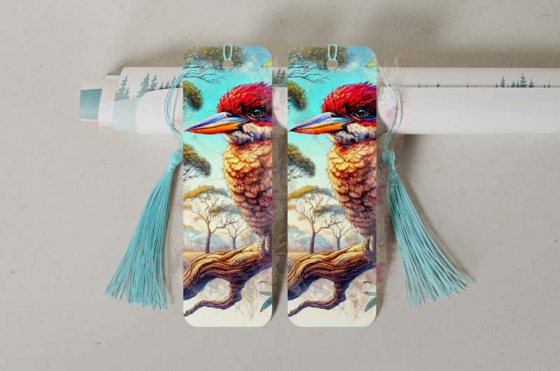 Durable double-sided aluminum bookmark showcasing a Kookaburra in a tree design on both sides, perfect for avid readers.