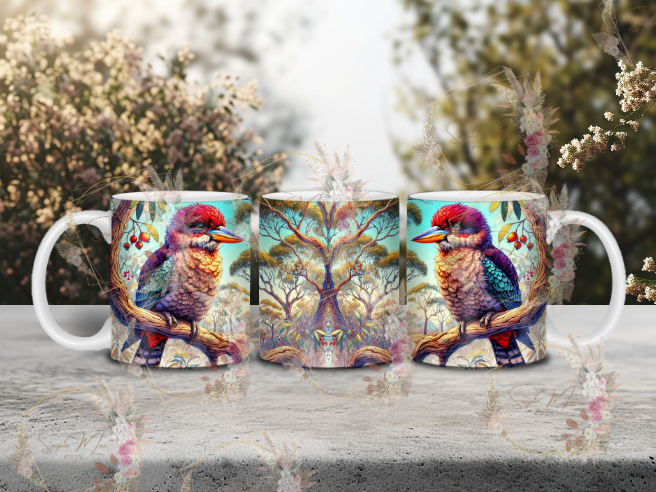 White ceramic coffee mug with a delightful Kookaburra in a tree sublimation print, great for your morning brew