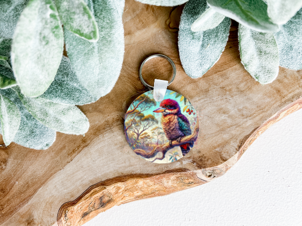 Lightweight double-sided MDF keyring featuring a Kookaburra in a tree on both sides, a charming personal accessory.
