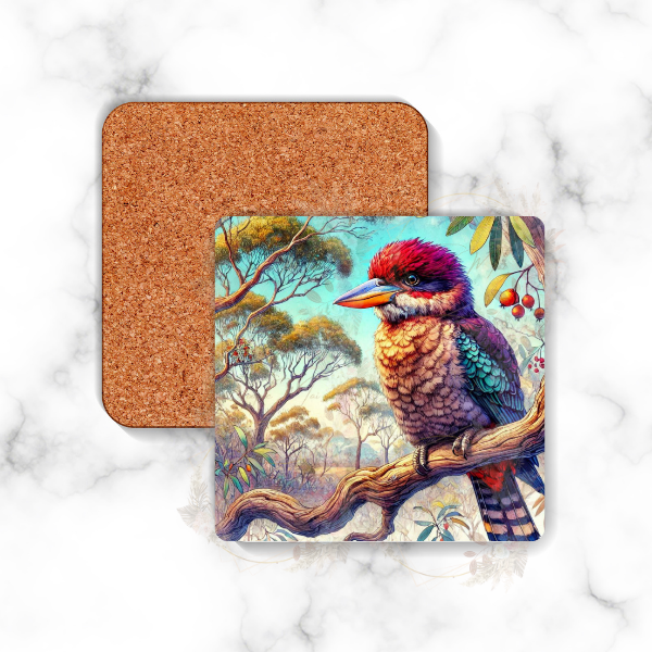 Square backed coaster with a Kookaburra in a tree design, perfect for home or office use.