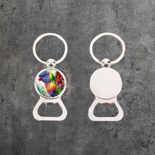 Durable bottle opener keyring with a colorful Lorikeet graphic, a practical and charming accessory for your keys.