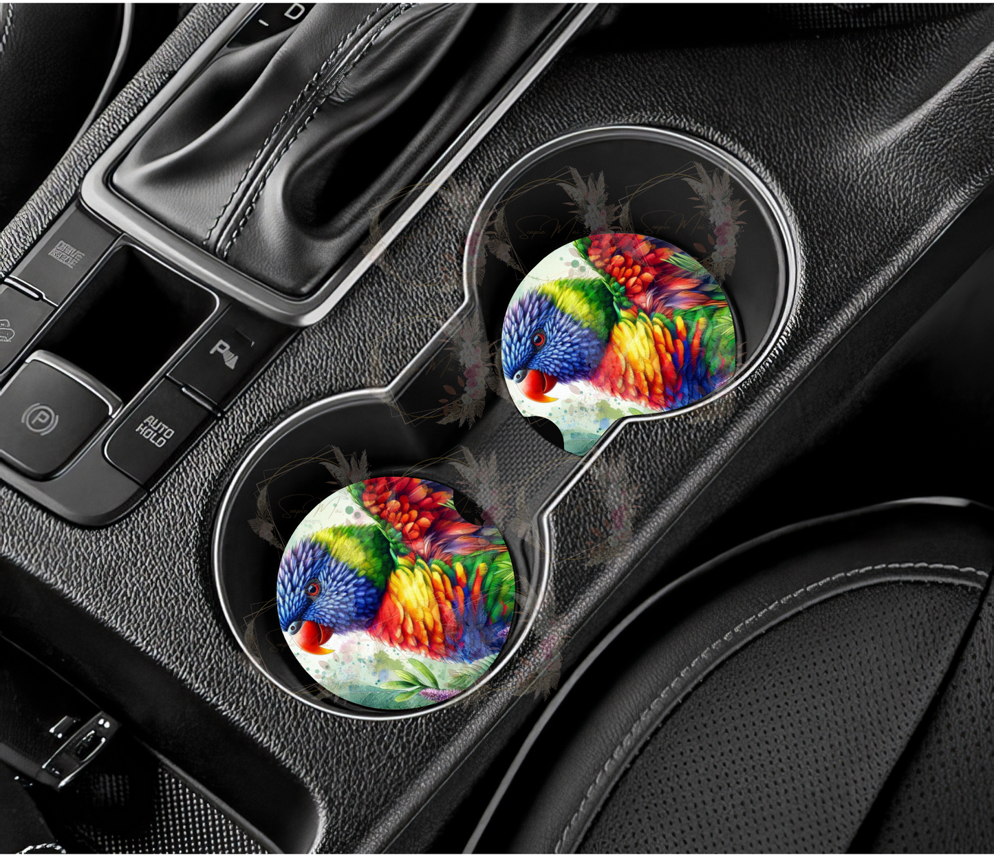 Pair of absorbent car coasters featuring a vivid, colorful Lorikeet design, protecting your vehicle's cup holders.