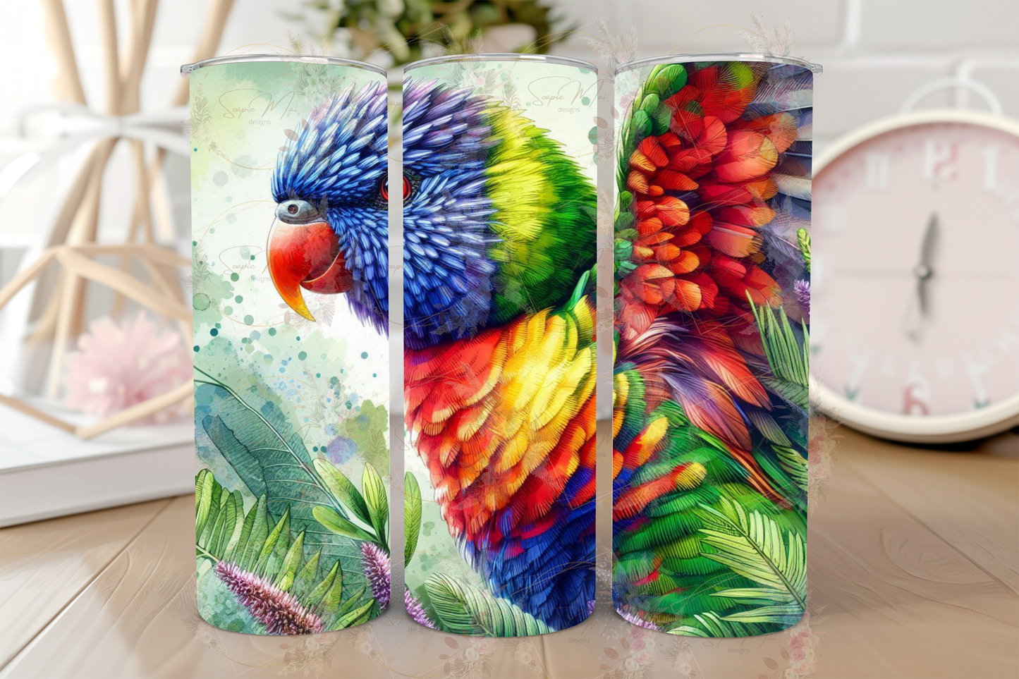Stainless steel sublimation tumbler with a beautiful, colorful Lorikeet graphic, ideal for keeping drinks hot or cold.