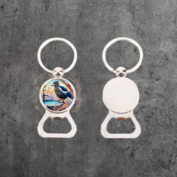 Durable bottle opener keyring with an Australian Magpie on a birdbath graphic, a practical and charming accessory for your keys.