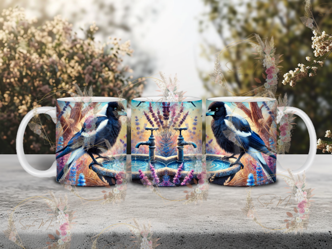 White ceramic coffee mug with a delightful Australian Magpie on a birdbath sublimation print, great for your morning brew.